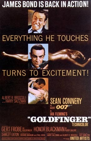 Auch im dritten Teil der James-Bond-Reihe "Goldfinger" wird der Agent von Sean Connery gespielt. Der Film startete am 26. Januar 1965 in den bundesdeutschen Kinos. Die Verfilmung ist als die bisher am schnellsten Geld bringende Kinoproduktion in das Guinness-Buch der Rekorde eingegangen, denn sie spielte in den ersten zwei Wochen 2,9 Mio. Dollar ein und hatte nach nur drei Wochen ihre Produktionskosten wieder eingespielt. Weltweit erwirtschaftete der Film schließlich über 120 Millionen Dollar.