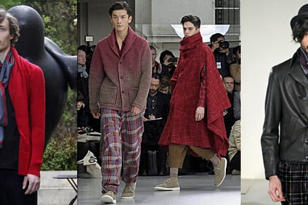 Trendfarbe Rot bei Atelier Gustavolins (links) und Issey Miyake (Mitte); Trendmaterial Leder bei Agnes B. (rechts)