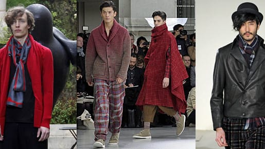 Trendfarbe Rot bei Atelier Gustavolins (links) und Issey Miyake (Mitte); Trendmaterial Leder bei Agnes B. (rechts)