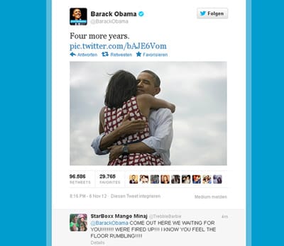Dieses Bild twitterte Obama, nachdem sein Wahlsieg von mehreren Medien vermeldet wurde: Vier weitere Jahre bleibt er im Amt.