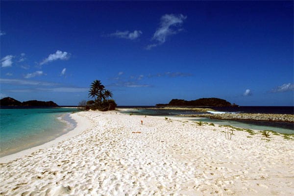 Der weiße Sandstrand von Sandy Island - ein kleines Eiland im Nordosten der Hauptinsel Grenada.