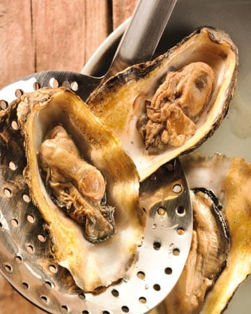 Warmräuchern: Geräucherte Austern und Kräcker mit Frischkäse.
