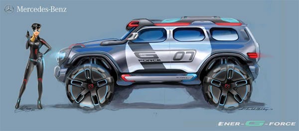 Die Mercedes-Benz-Designer zeigen ihren Ener-G-Force. Der bis zu 800 Kilometer weit fahrende Brennstoffzellen-Geländewagen soll im Jahr 2025 für Recht und Ordnung sorgen.