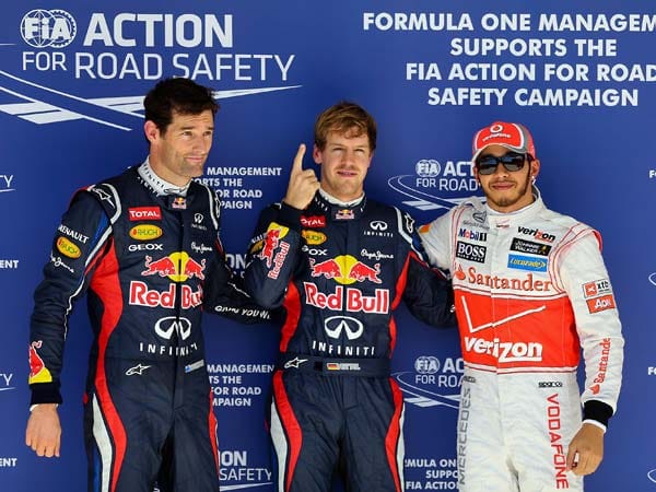 Die Top drei des Qualifyings: Sebastian Vettel (Mi.), Lewis Hamilton (re.) und Mark Webber.