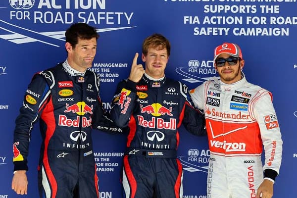 Die Top drei des Qualifyings: Sebastian Vettel (Mi.), Lewis Hamilton (re.) und Mark Webber.