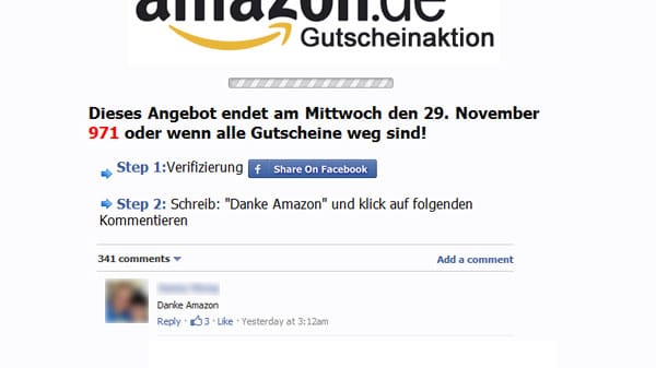 Immer wieder locken auf Facebook wertvolle Gutscheine in die Falle, vermeintlich von Amazon, Rewe oder anderen bekannten Marken.