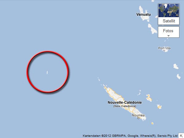 Kartenprogramm Google Maps zeigt die Phantominsel westlich von Neukaledonien