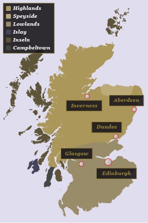 Schottland lässt sich in verschiedene Regionen einteilen, die alle für bestimmte Aromen stehen: Im Süden ist der Whisky milder. Die klimatisch rauen schottischen Inseln sind dagegen für kräftige Destillate bekannt. Die Highlands im Norden bieten die wohl größte geschmackliche Whisky-Vielfalt – hier gibt es sowohl sehr milde als auch kräftige Tropfen mit komplexen Aromen.