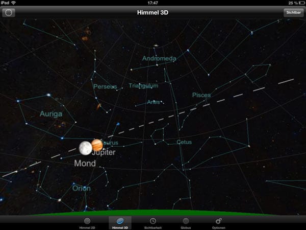 Die kostenlose App Planeten zeigt dank Ortungsfunktion, welche Sterne und Planeten gerade am Nachthimmel zu sehen sind. Man kann nach Sternbildern suchen oder sich anzeigen lassen, wann die Planeten überhaupt sichtbar sind. Verfügbar für iOS.
