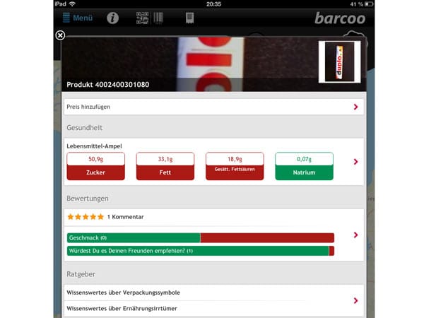 Mit Barcoo kann man den Barcode eines Produkts einscannen und bekommt ausführliche Informationen zu dem Produkt sowie einen Preisvergleich.