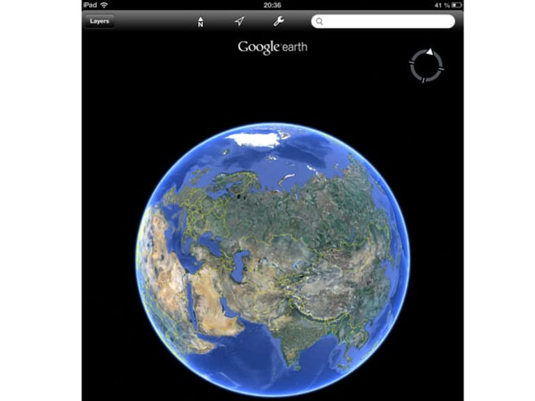 Auch von Google Earth gibt es eine spezielle Tablet-Version, mit der man mit einem Fingerstreich um die Welt fliegen kann (für Android und iOS).