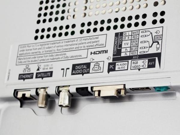 Anschlüsse für Antenne, LAN, VGA und HDMI an der Unterseite des Panasonic-TV.