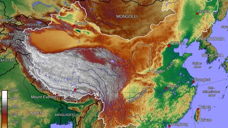 Geographische Landkarte von China.