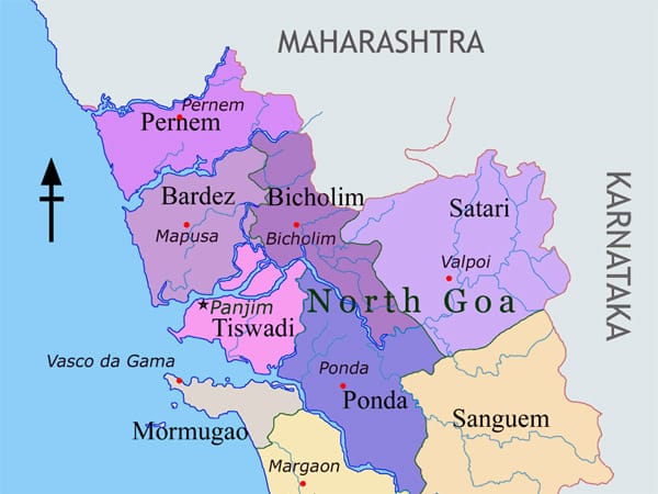 Landkarte der Region Nord-Goa in Indien.