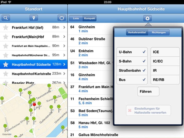 Abfahrtsmonitor zeigt die Abfahrtszeiten von öffentlichen Verkehrsmitteln in Deutschland (iOS).