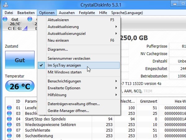 CrystalDiskInfo im SysTray anzeigen