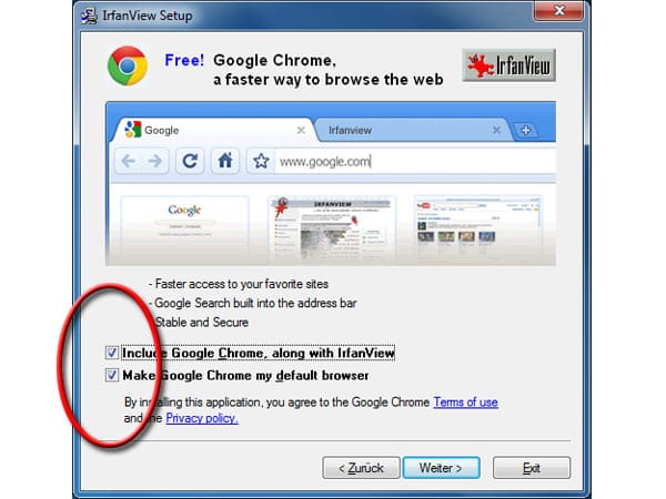Beim Installationsvorgang möchte IrfanView den Browser Google Chrome mitinstallieren