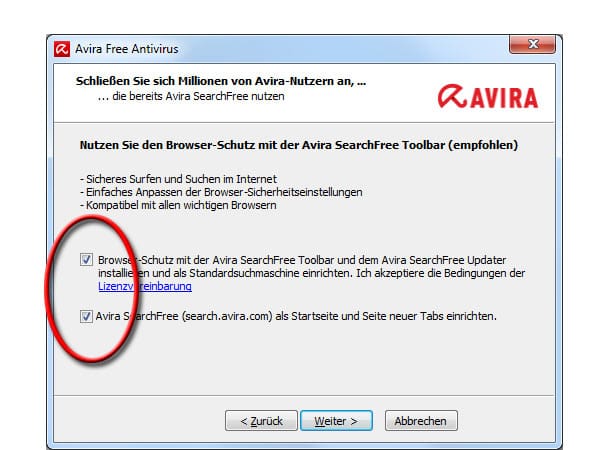 Gewohntes Browser-Umfeld und Standard-Suchmaschine mit Avira Free Antivirus behalten