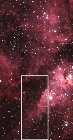 Diese Aufnahme zeigt die Flugbahn von "2012 DA14" im Eta-Carinae-Nebel. Man kann sie als hauchdünnen weißen Strich erkennen