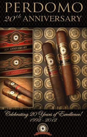 Perdomo erweiterte das üppige Sortiment um die "20th Anniversary" zum 20jährigen Jubiläum. Hinter dieser Serie verbergen sich formvollendete Zigarren zur Feier des Firmenjubiläums. Sie sind in den zwei Versionen Maduro und Sun Grown erhältlich. Die Formate Churchill, Epicure, Gordo, Robusto und Torpedo punkten dank ihres Maduro-Deckblatts schon in der Optik und Haptik.