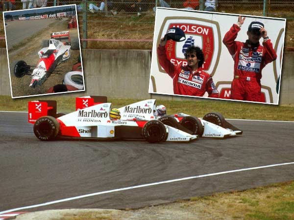 Das wohl berühmteste aller Teamduelle lieferten sich Alain Prost (o.li.) und Ayrton Senna bei McLaren. Beide redeten schon lange kein Wort mehr miteinander, als ihr Streit 1989 in Suzuka eskalierte. Es ging um die WM-Vorentscheidung: Senna musste gewinnen und attackierte den in Führung liegenden Prost. Doch der machte die Lücke zu, es kam zur Kollision. Prost stieg aus, Senna fuhr weiter, gewann und wurde hinterher disqualifiziert. Prost sicherte sich seinen dritten Weltmeistertitel und flüchtete zu Ferrari.