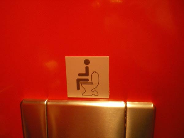 Ein Bildchen erklärt direkt über der Spülung, dass dieses Gerät eine Toilette ist.