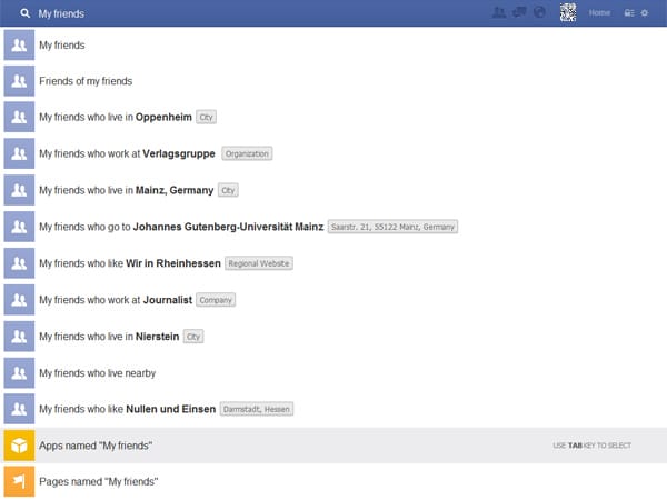 Facebook: Graph Search "My friends"