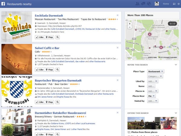 Facebook: Graph Search "Restaurants near by"