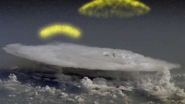 Teilchenbeschleuniger: Diese künstlerische Darstellung soll veranschaulichen, wie Elektronen über den Wolken nach oben schießen. Teilchenbeschleuniger: Diese künstlerische Darstellung soll veranschaulichen, wie Elektronen über den Wolken nach oben schießen.