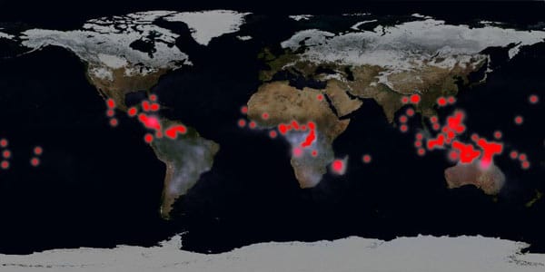Satelliten-Karte: Schätzungsweise 500 Gammastrahlenblitze treten weltweit pro Tag auf. Die Karte zeigt alle Gammablitze, die der "Fermi"-Satellit gemessen hat. Satelliten-Karte: Schätzungsweise 500 Gammastrahlenblitze treten weltweit pro Tag auf. Die Karte zeigt alle Gammablitze, die der "Fermi"-Satellit gemessen hat.