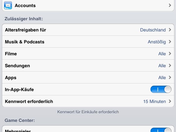 iOS-EInstellungen: "In-App-Käufe"