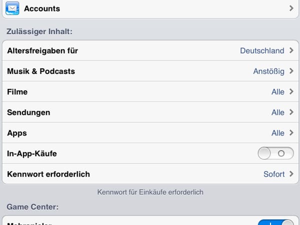 iOS-Einstellungen: "In-App-Käufe"