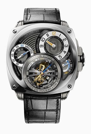 Die Harry Winston "L’histoire de Tourbillon 4". Hier wird ein dreiachsiger Tourbillon verbaut, die Uhr wird nur 20 mal gefertigt. Vorgestellt wurde sie auf der Baselworld 2013.