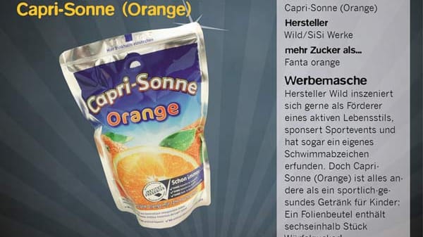 Capri-Sonne ist für den "Goldenen Windbeutel" nominiert, weil sie sich als sportlich gesundes Getränk präsentiert - dabei enthält ein Beutel mehr als fünf Stücke Würfelzucker und kaum Fruchtsaft.