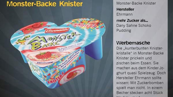 Der Joghurt Monster-Backe Knister verbindet Spielvergnügen (das Knistern und Prickeln der Knisterkristalle) mit dem Essen. Foodwatch kritisiert: "Mit Zuckerbomben spielt man nicht."