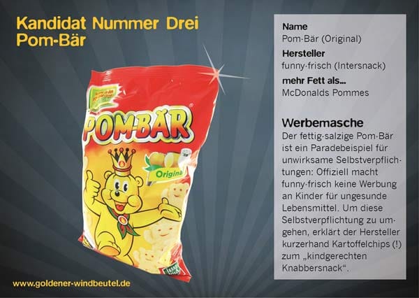 Der Hersteller von Pom-Bär erklärt fettige Chips zu einem "kindgerechten Knabbersnack". Und für besonders kindgerechte Lebensmittel dürfe man ruhig Werbung machen, findet funny-frisch. Die Verbraucherschützer von Foodwatch sehen das anders.