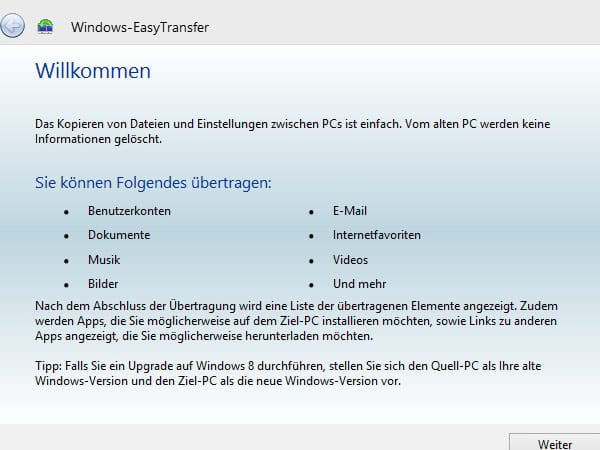 Windows-EasyTransfer Willkommens-Fenster