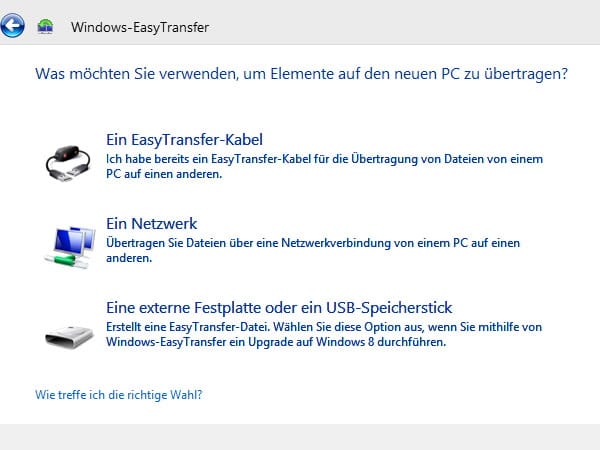 Windows-EasyTransfer Datenträger-Auswahl
