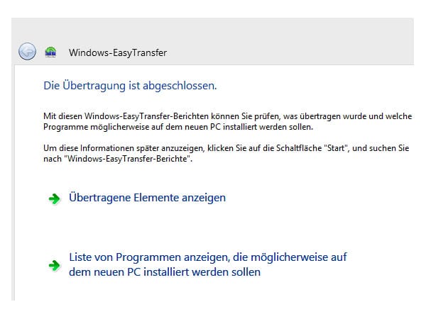 Statusbericht der Datenübertragung mit Windows EasyTransfer