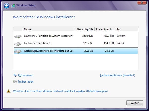 Installationsassistenten von Windows 8