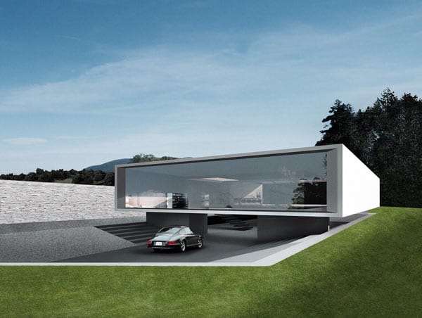 Porsche steigt ins Immobiliengeschäft ein: Im Mittelpunkt stehen Luxus und Prestige statt Fertigbau. Das Haus "Weightless" ist eine Art schwebender Block auf einem umlaufenden Glasband.