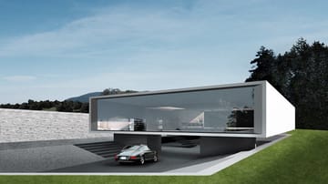 Porsche steigt ins Immobiliengeschäft ein: Im Mittelpunkt stehen Luxus und Prestige statt Fertigbau. Das Haus "Weightless" ist eine Art schwebender Block auf einem umlaufenden Glasband.