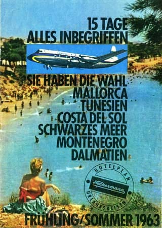 Anfang der 1960er-Jahre warfen dann der branchenfremde Versandhändler Neckermann, Konkurrent Quelle und der ADAC in großem Maßstab günstige Reiseangebote auf den Markt. 1962 ließ Neckermann die ersten "Kataloge", sechsseitige Prospekte, drucken, und auch die Tui-Vorläufer waren schon auf dem Markt. Im Angebot: Mallorca, Tunesien, Dalmatien, Montenegro, die Costa del Sol und das Schwarze Meer.