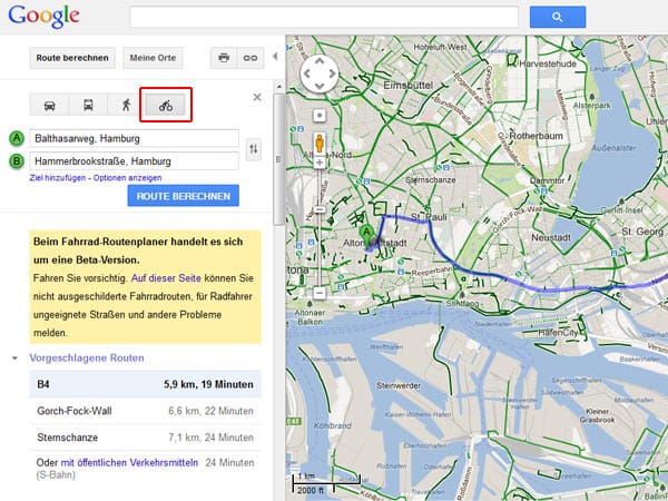 Die Fahrradnavigation in Google Maps funktionert über das Radfahrer-Icon.
