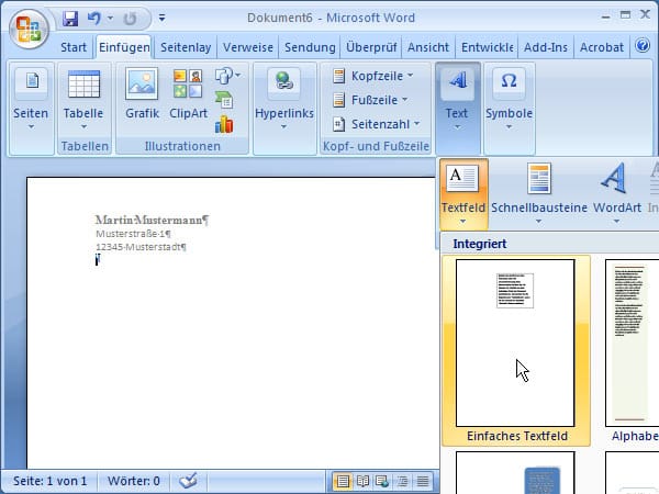 Einfaches Textfeld anlegen in Word 2007