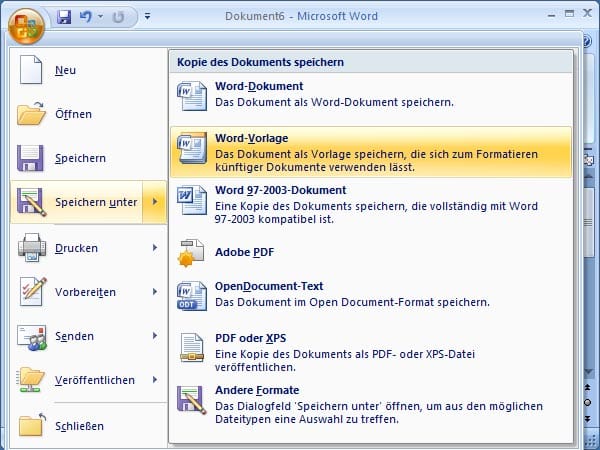 Speichern unter-Dialog in Word 2007