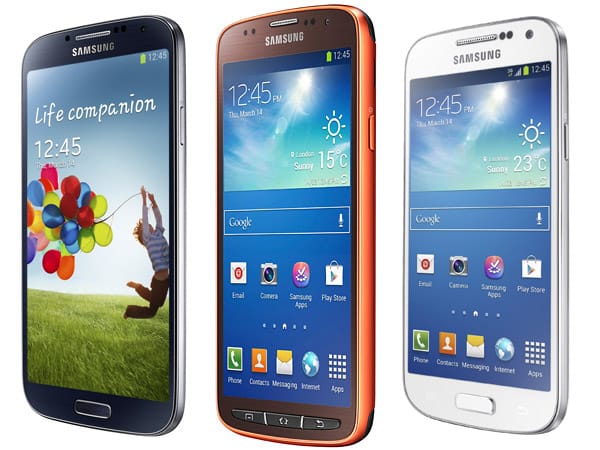 Die Galaxy-S4-Produktfamilie: Samsung Galaxy S4, Samsung Galaxy S4 active, Samsung Galaxy S4 mini (v.l.)
