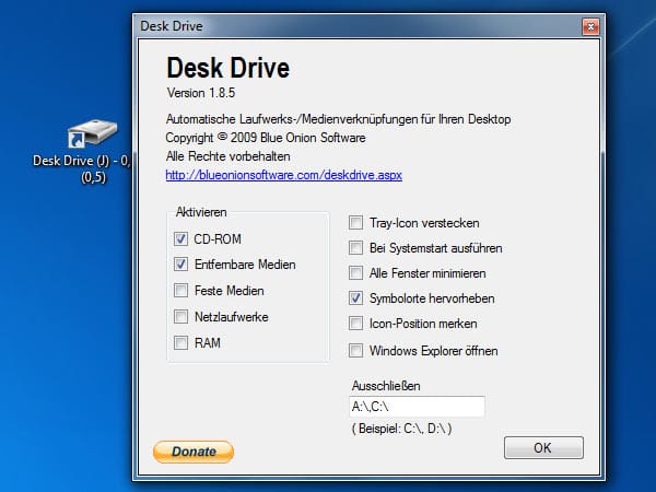 Screenshot der Einstellungs-Optionen von Desk Drive