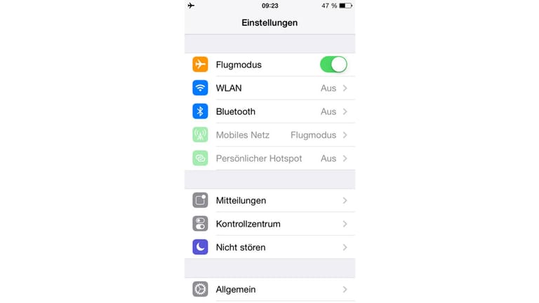 Screenshot iOS: Flugmodus ist aktiviert.