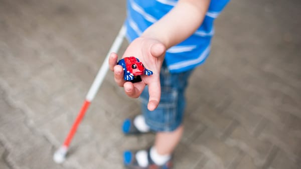 Mit Stock und Knackfrosch unterwegs: Felix macht mit dem Metallspielzeug Knackgeräusche, wenn seine Zunge müde wird.